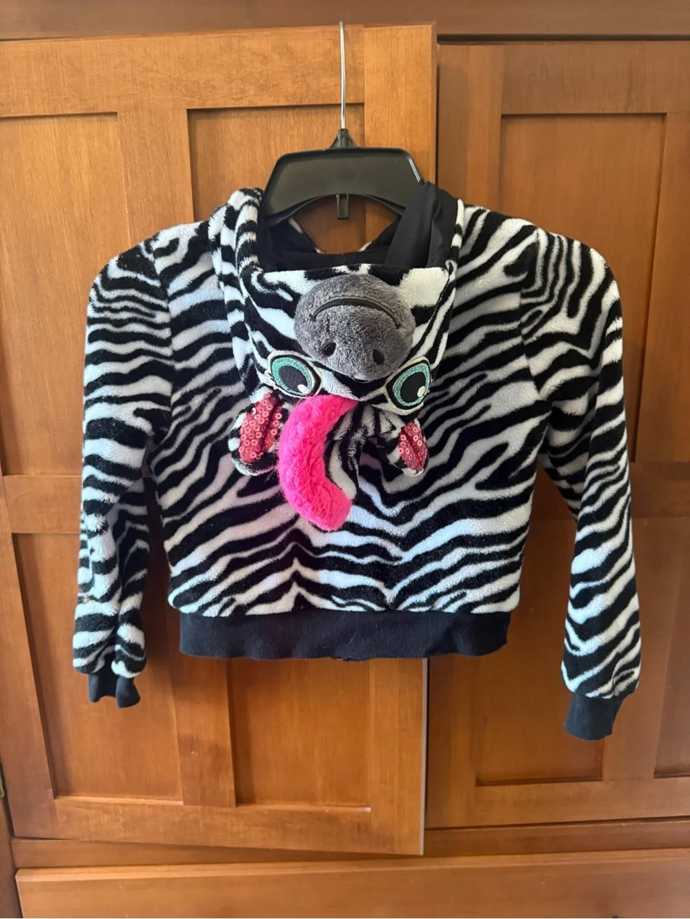 Justice Fuzzy Zebra Zip-Up Hoodie Girls Size 8 Black & White Plush